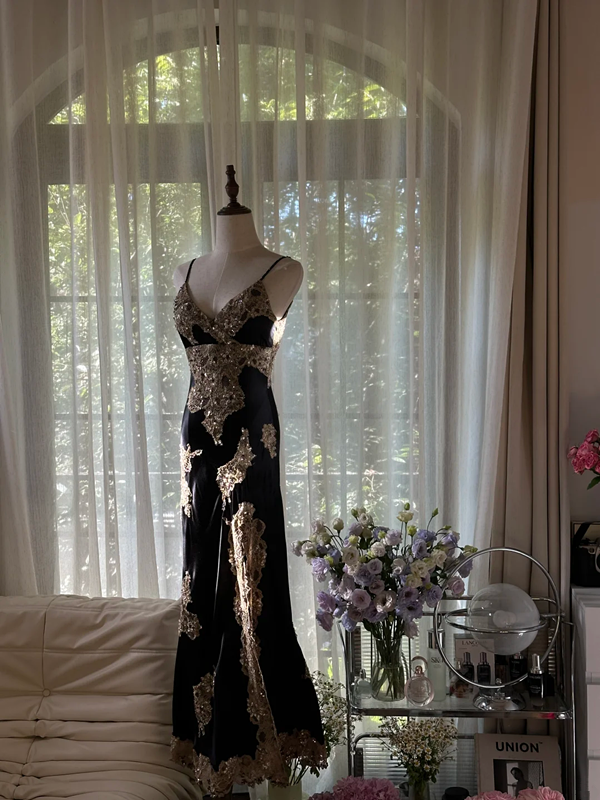 Black and gold pattern halter-neck fitted waist slim slit sexy classic ball gown R7757