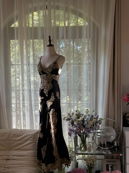 Black and gold pattern halter-neck fitted waist slim slit sexy classic ball gown R7757