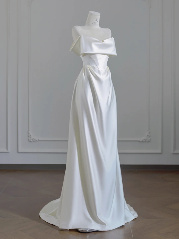 White satin off-the-shoulder, fitted waist, long ball gown/bridal dress R8251