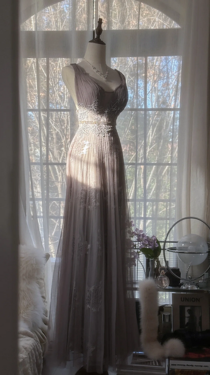 Grayish purple halter-neck fitted long ball gown R7686