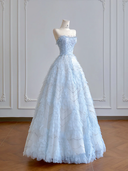 Light blue strapless, fitted waist, full skirt, long ball gown R8196