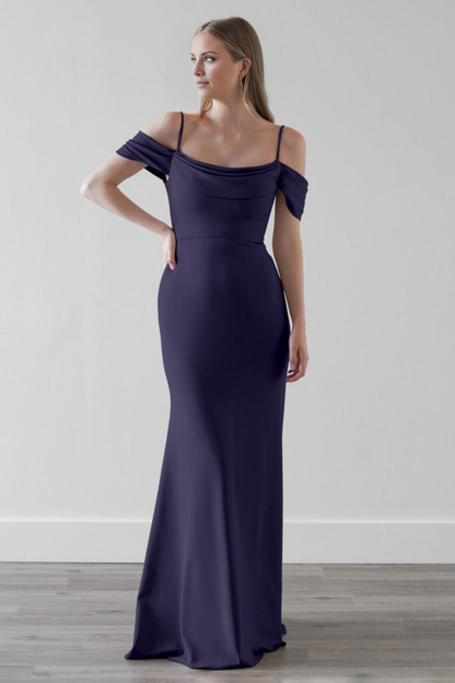 slim shoulder strap with exposed back zipper and floor length evening dress