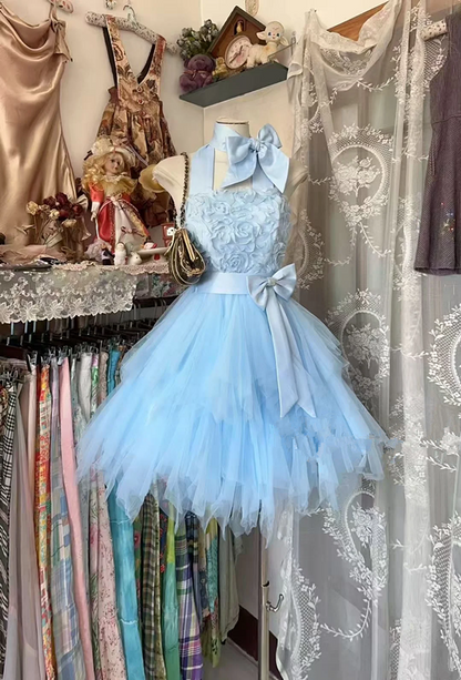 Light blue halter neck fitted waist sexy short ball gown R7490