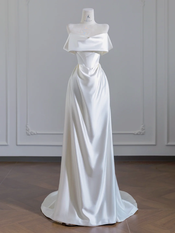 White satin off-the-shoulder, fitted waist, long ball gown/bridal dress R8251