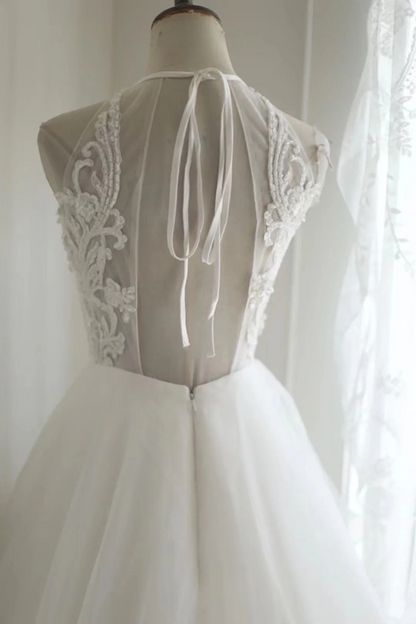 White lace halter neck fitted waist long tulle skirt ball gown, bridal dress R6731
