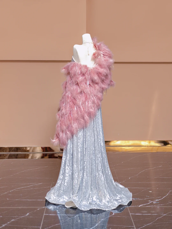 Silver sequined halter neck fitted waist long ball gown R8372