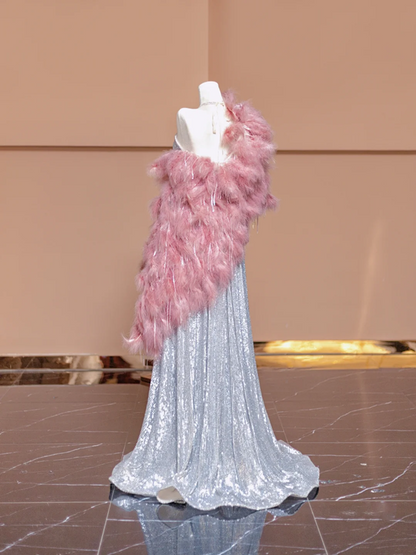 Silver sequined halter neck fitted waist long ball gown R8372