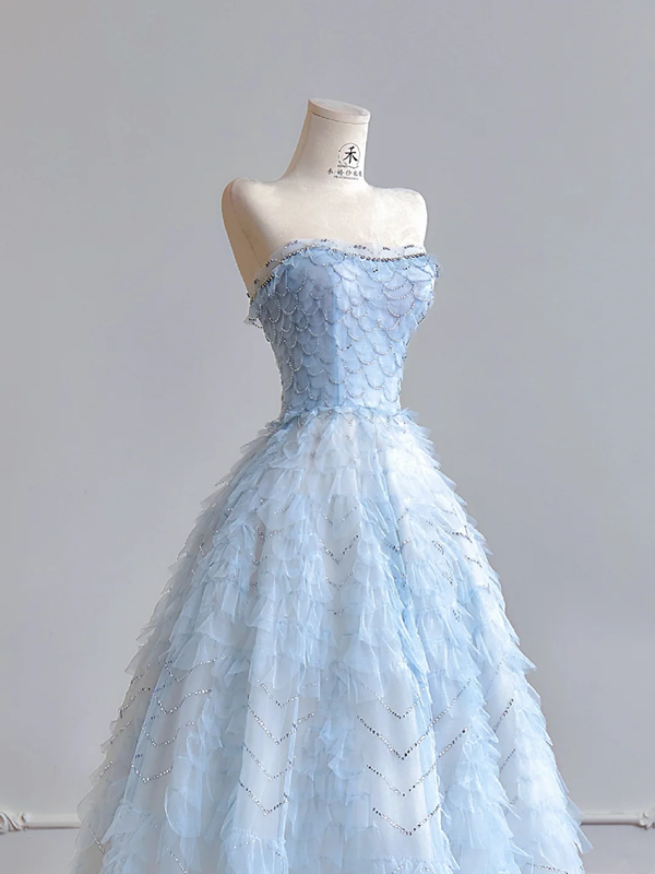 Light blue strapless, fitted waist, full skirt, long ball gown R8196