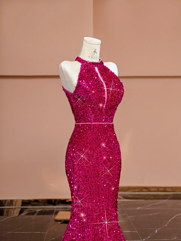 Rose pink halter neck fitted waist bodycon long ball gown/bridal dress R8396