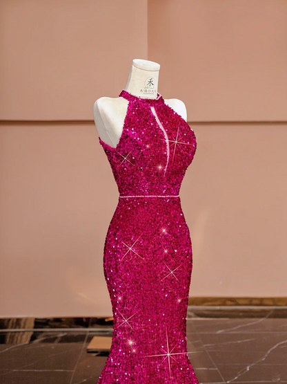 Rose pink halter neck fitted waist bodycon long ball gown/bridal dress R8396
