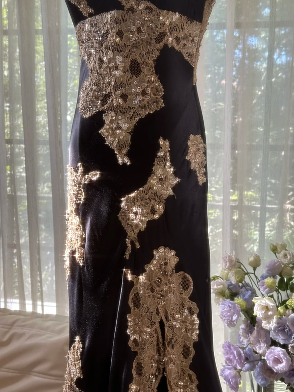 Black and gold pattern halter-neck fitted waist slim slit sexy classic ball gown R7757