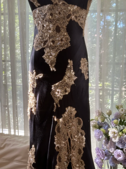 Black and gold pattern halter-neck fitted waist slim slit sexy classic ball gown R7757