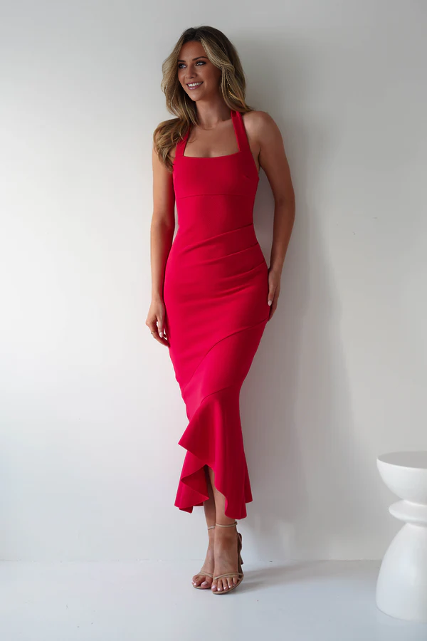 Hanging neck neckline off shoulder lotus leaf edge design Prom dress - Dress