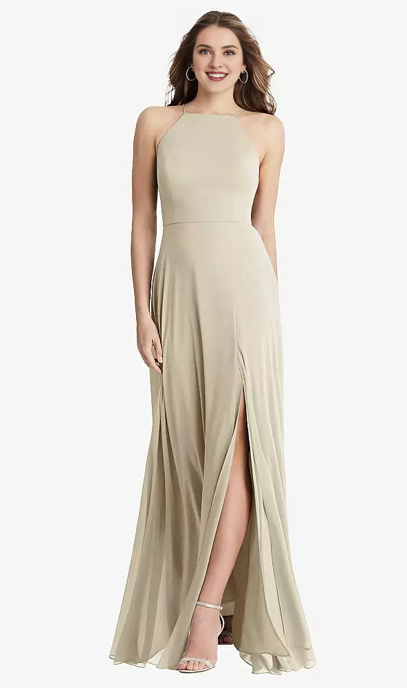Front slit high neck chiffon long Prom dress