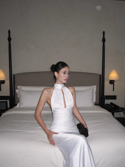 Sexy Halter White Satin Pleated Mermaid Long Wedding Guest Dress Birthday Prom Dress Evening Gown