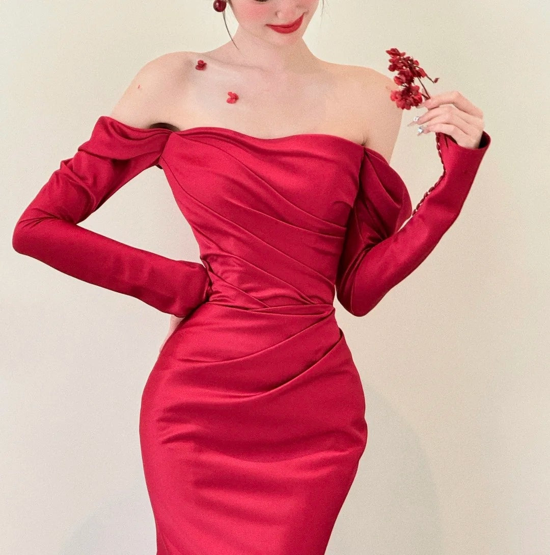 girlhomeshops- Red Long Sleeve Off-The-Shoulder Bodycon Satin Floor-Length Ball Gown Prom Dress gh5961