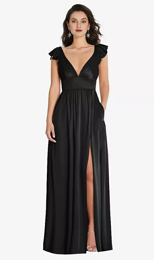 Deep V-neck dual-use shoulder strap with ruffled edge cover sleeve length Prom dress