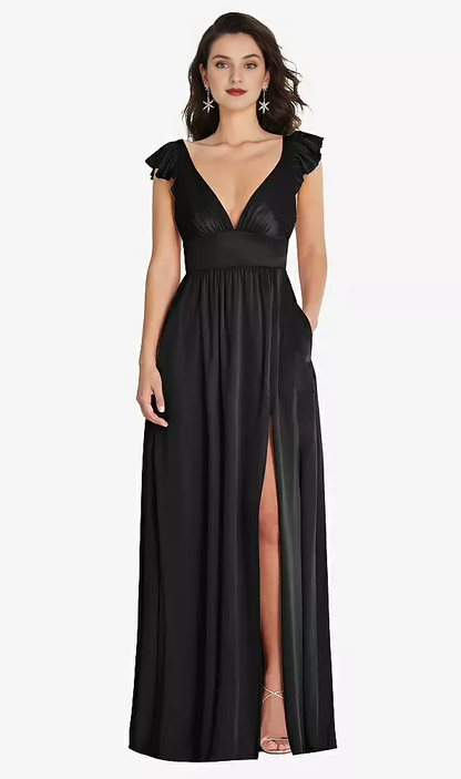 Deep V-neck dual-use shoulder strap with ruffled edge cover sleeve length Prom dress