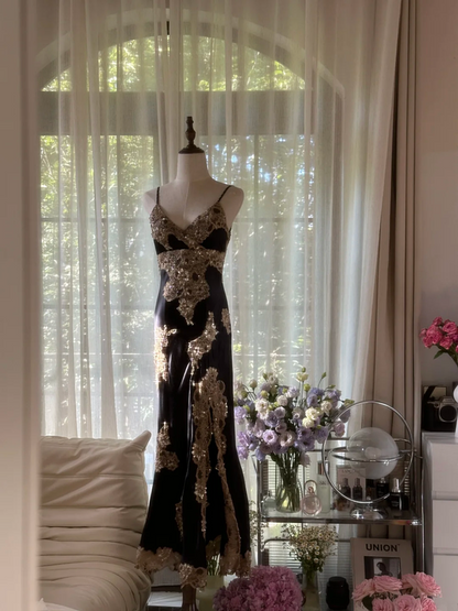 Black and gold pattern halter-neck fitted waist slim slit sexy classic ball gown R7757