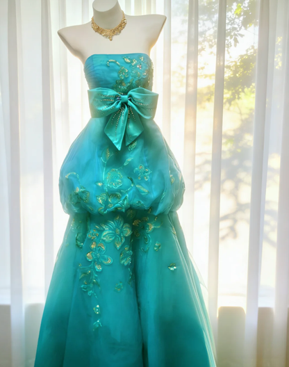 Princess Strapless Green Tulle Layered Mermaid Long Party Dress Formal Evening Dress With Bow SP1592