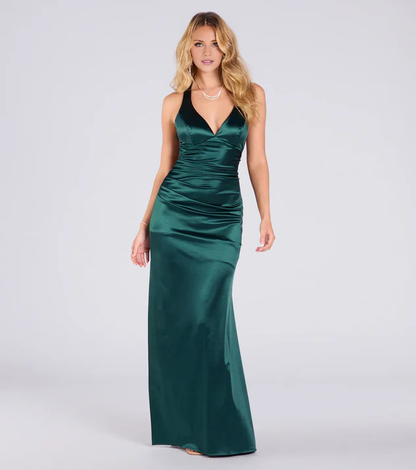 V collar satin side slit backless and floor length Prom dress