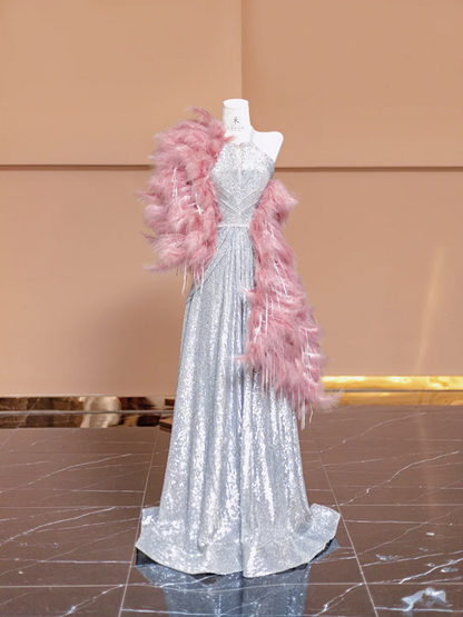 Silver sequined halter neck fitted waist long ball gown R8372