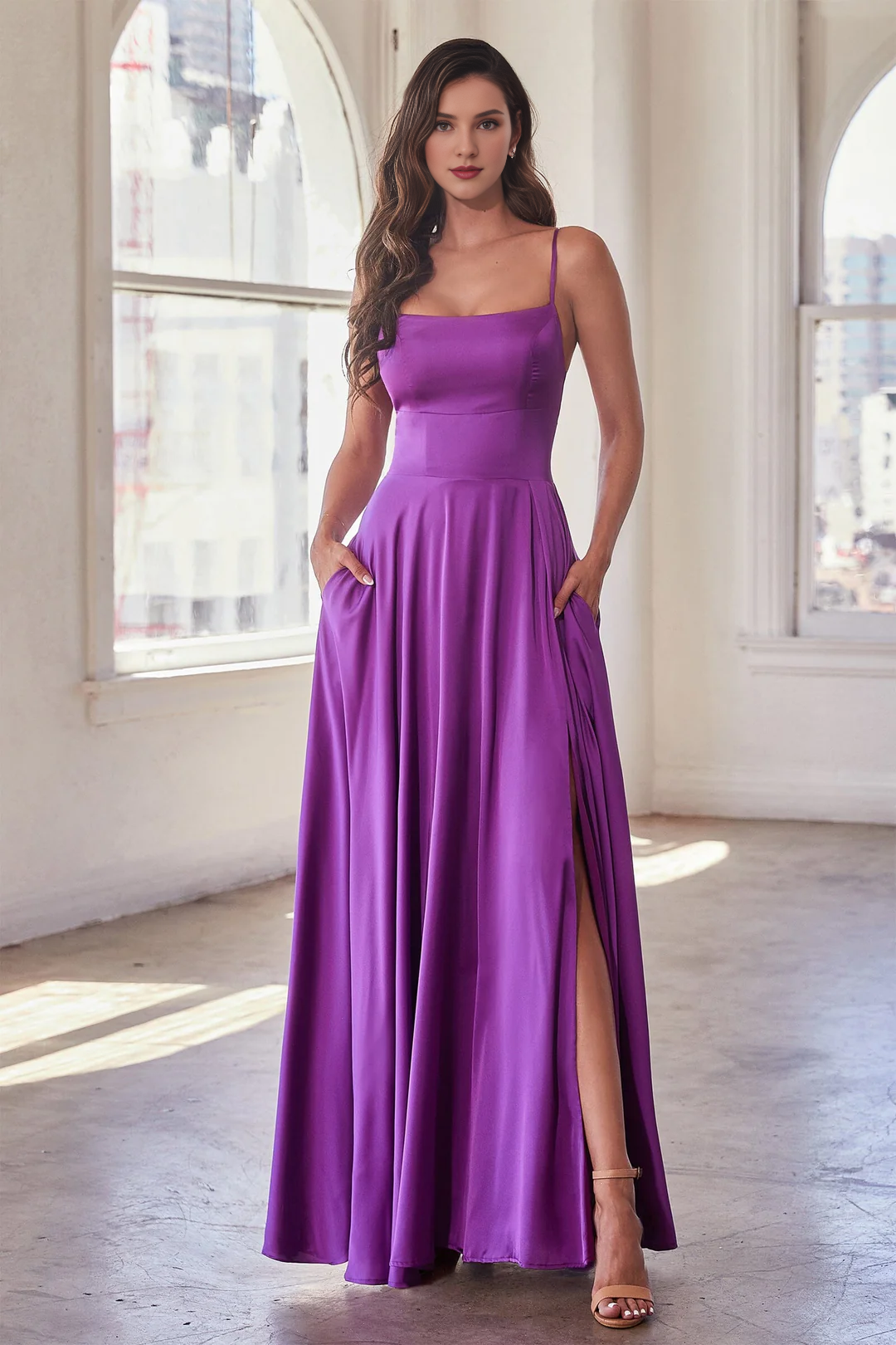 A-line slit skirt satin long sleeveless dress