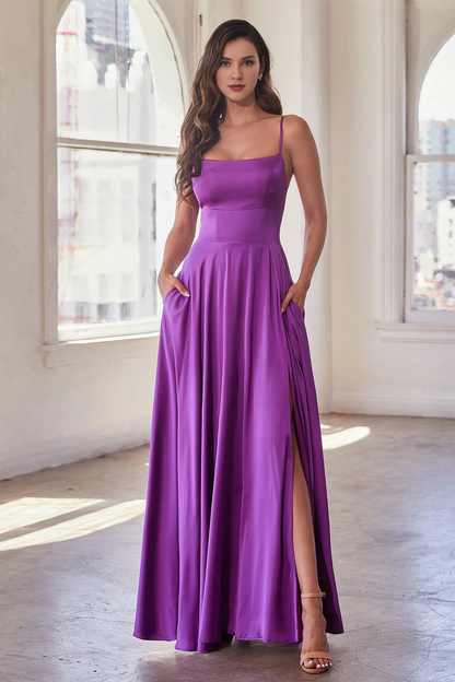 A-line slit skirt satin long sleeveless dress