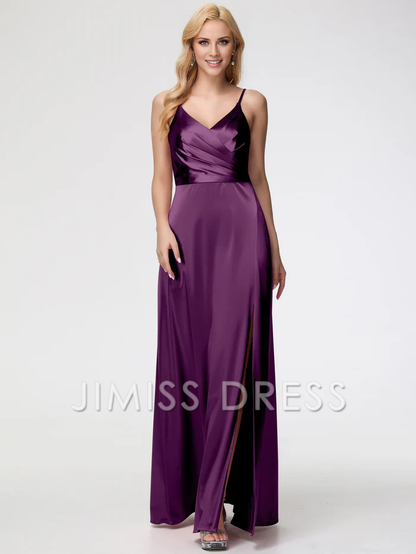 slim shoulder strap A-line V-neck pleated satin Prom dress