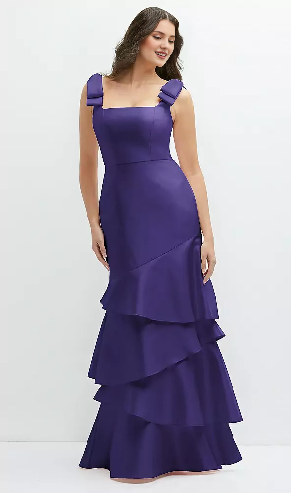 Asymmetric layered skirt with bow shoulder satin Prom dress