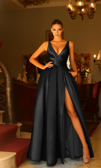 A-line deep V-neck off shoulder side slit and floor length evening dress