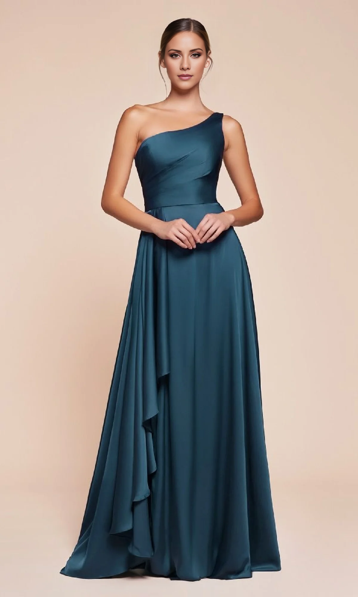 A-line satin single shoulder long side slit and floor length evening dress