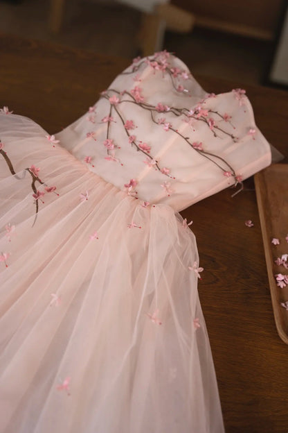 girlhomeshops- Vintage Peach Pink Plum Blossom 3D Embroidered Strapless Tulle Chinese Style Evening Gown gh6034