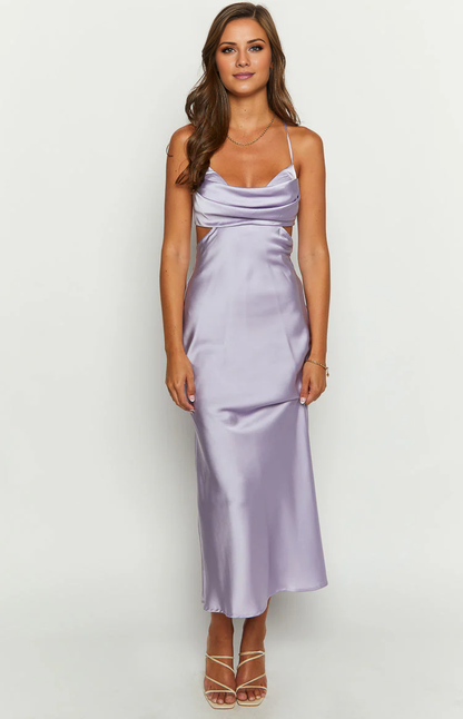 collar neckline thin shoulder strap backless satin long Prom dress