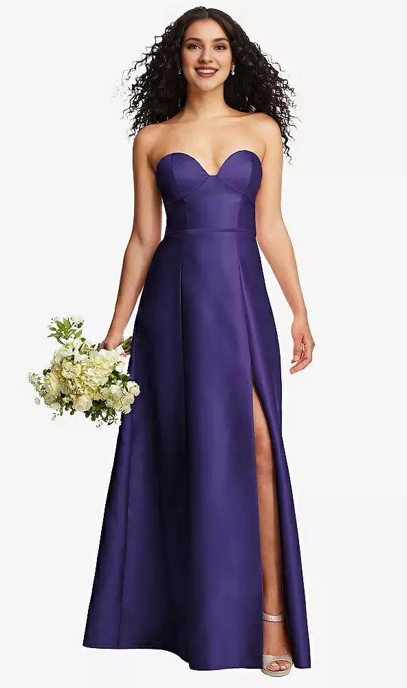 Front slit strapless tight corset A-line satin Prom dress