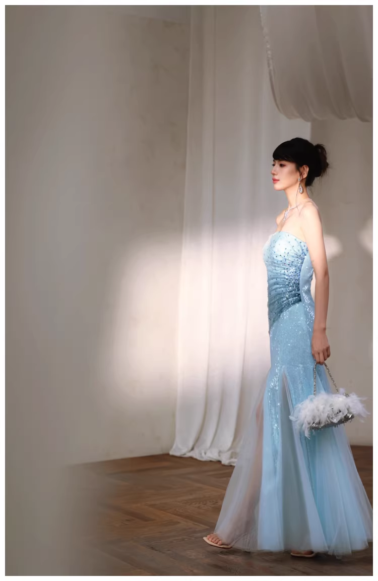 Charming Strapless Blue Tulle Sequin Beaded Mermaid Long Evening Dress Birthday Party Gown
