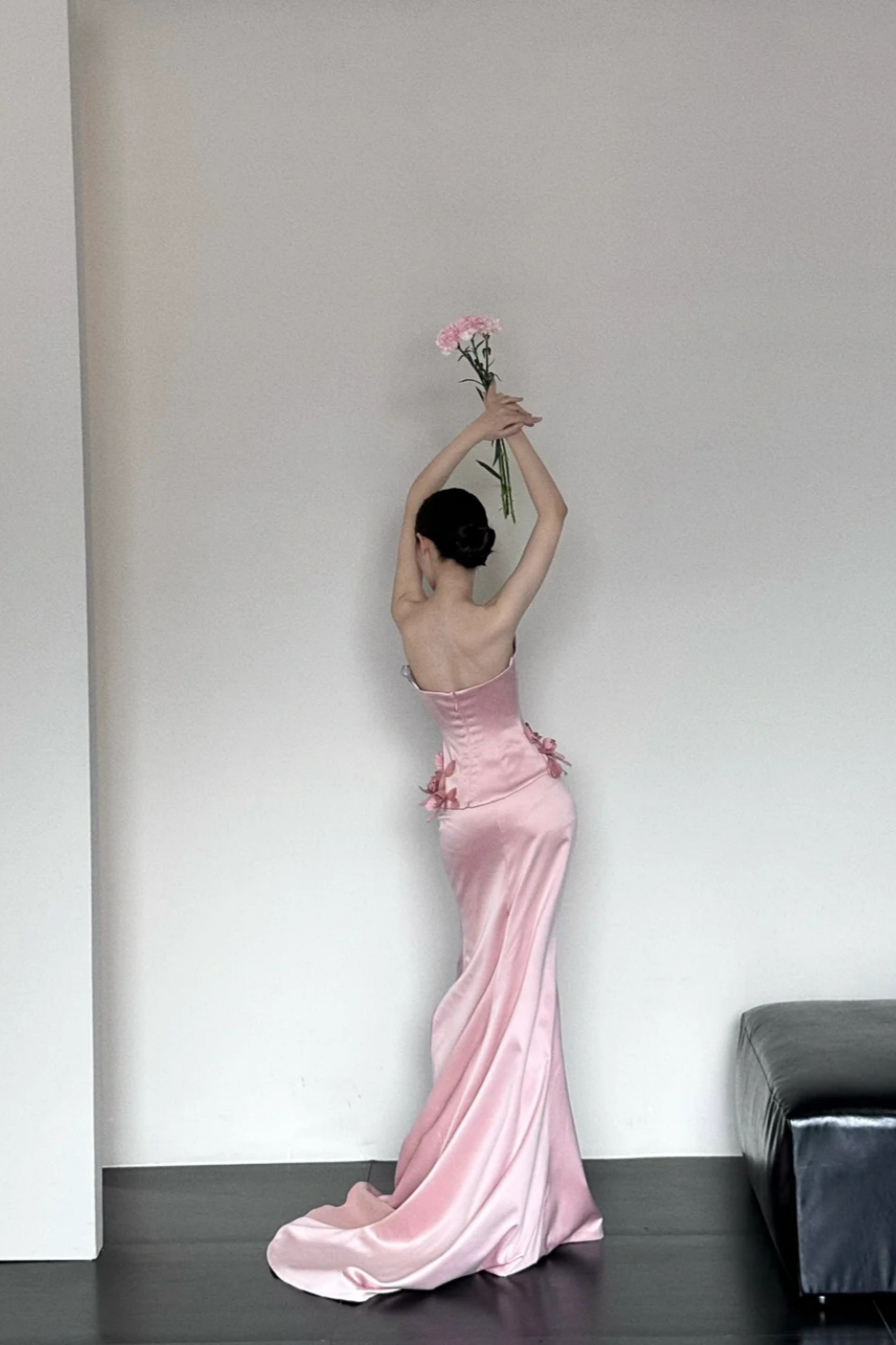 Pink Fashion Elegant Exquisite Floral Long Satin Corset Mermaid Slim Floor Length Train Ball Gown Evening Dress Party Dress Prom Dress gh3731
