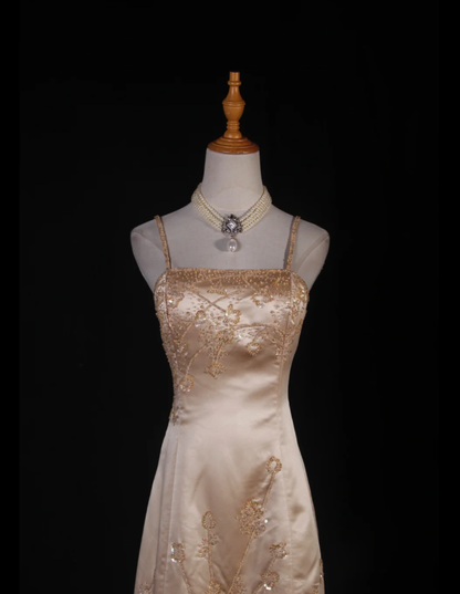 Vintage Spaghetti Straps Yellow Satin Beaded Mermaid Party Evening Dress Long Prom Gown