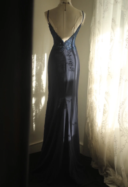 Vintage Spaghetti Straps Navy Blue Satin Appliques Mermaid Evening Dress Long Wedding Guest Dress SP1022