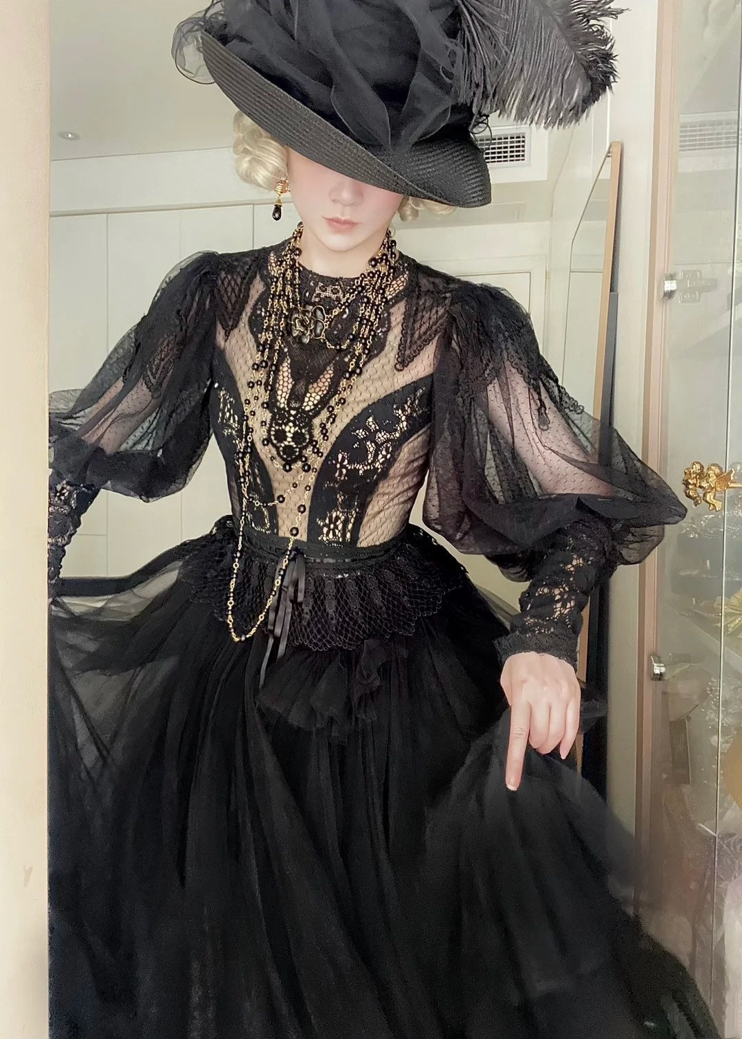 Dark Gothic Lace Tulle High Neck Long Sleeve Floor-length Ballgown Victorian Gothic Evening·Theme Party Dress gh6741