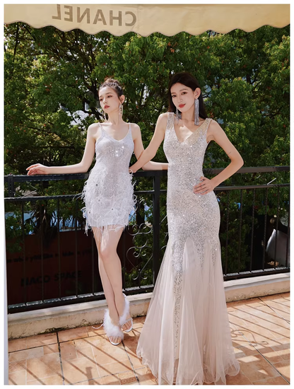 Glitter V Neck Champagne Silver Sequin Tulle Mermaid Long Evening Dress Party Gown