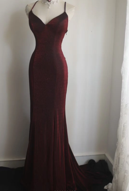 Charming Burgundy Spaghetti Straps Satin Mermaid Long Party Dress Backless Evening Gown