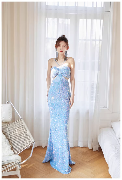 Glitter Blue Sequin Mermaid Long Wedding Guest Dress Formal Evening Dress Party Gown