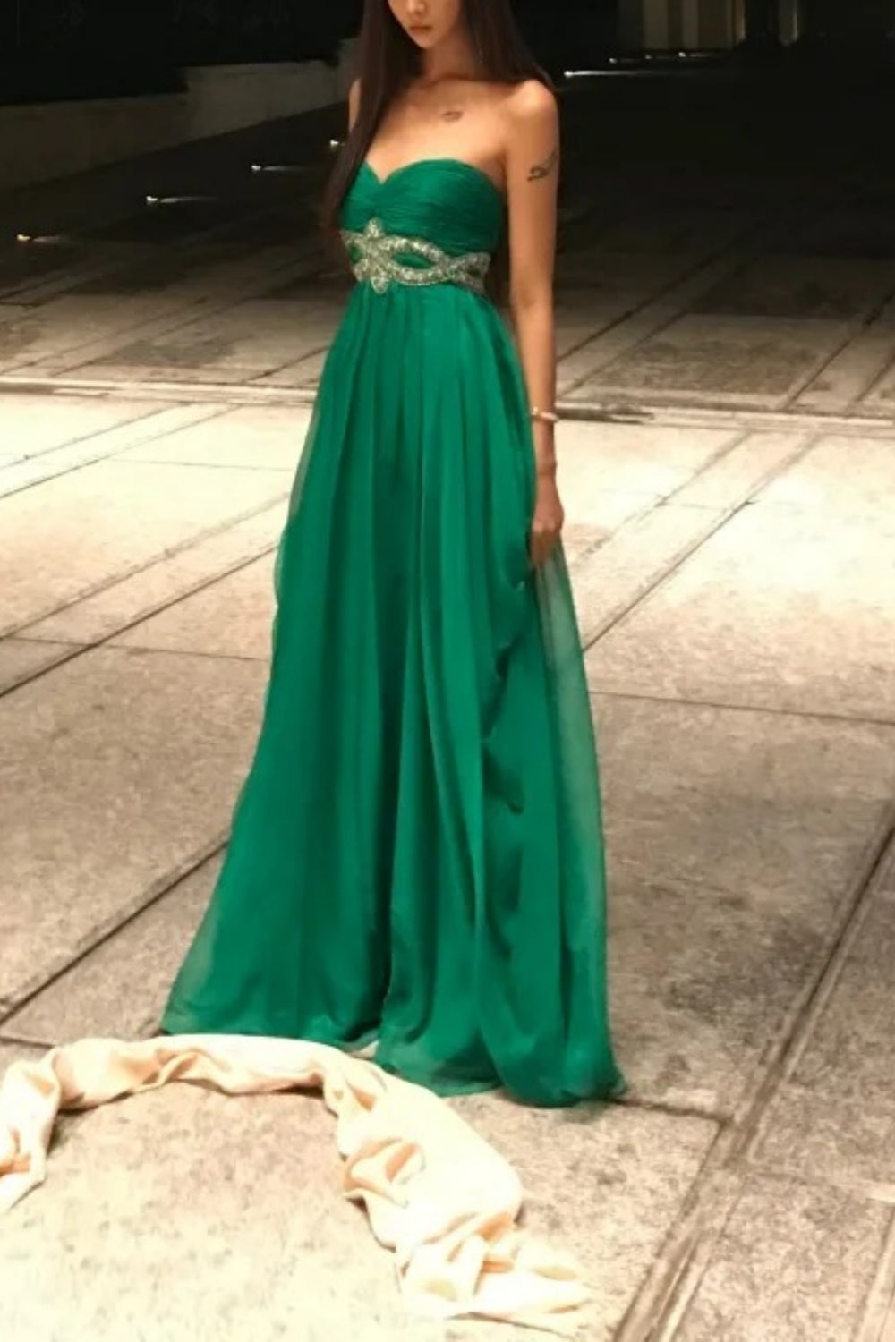 Green strapless fashionable and elegant long sheer evening gown gh6755