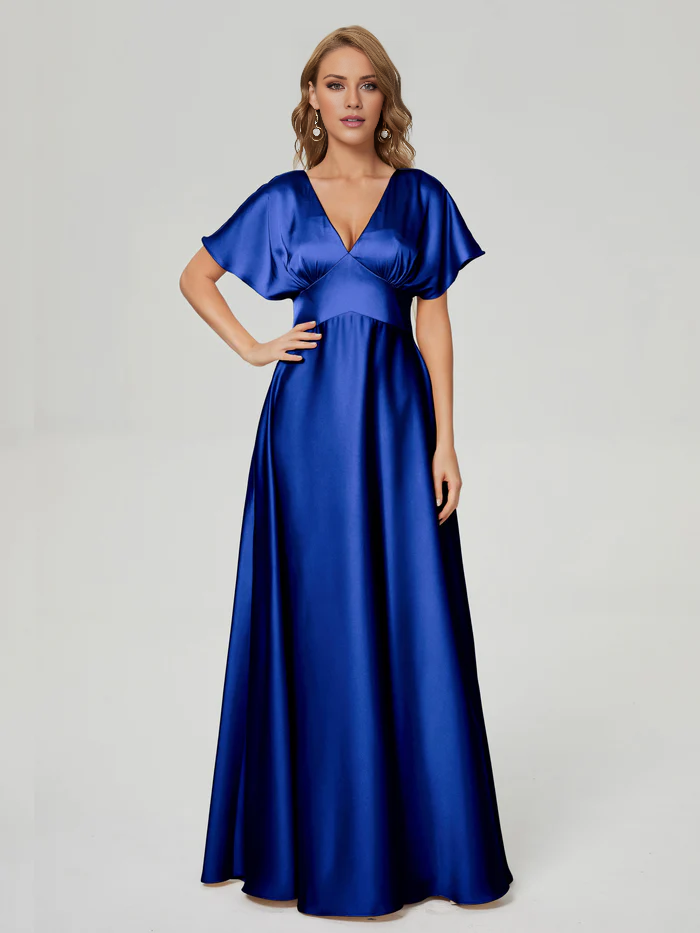 V-neck short sleeved and floor length Prom dress