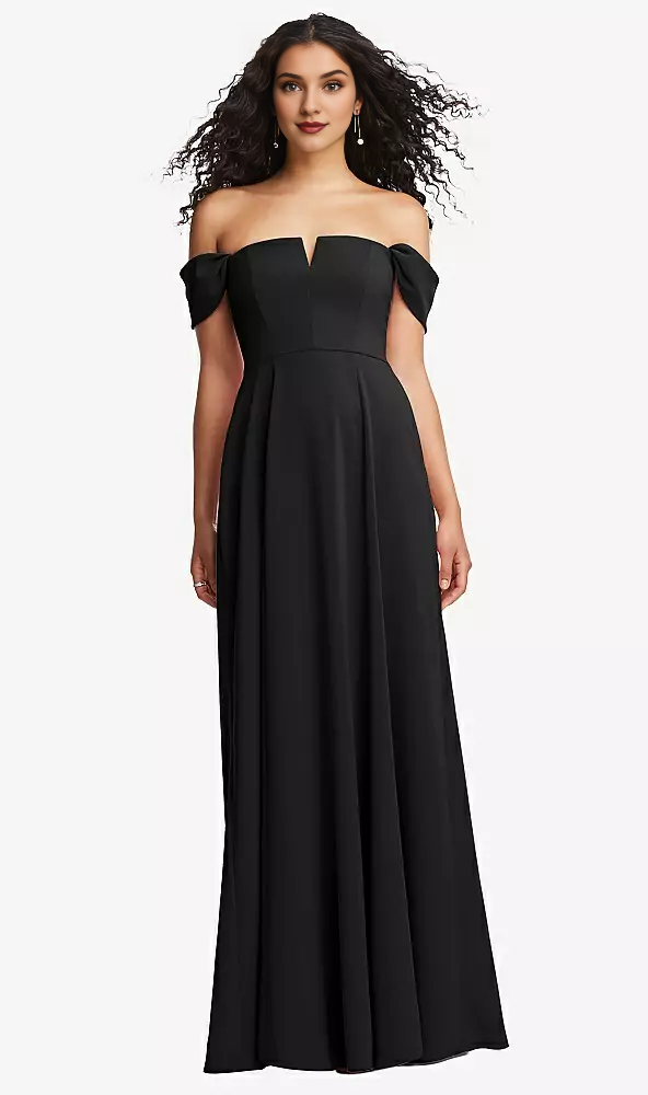 Off shoulder pleated sleeves with A-line extra long Prom dress