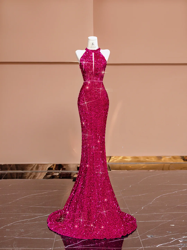 Rose pink halter neck fitted waist bodycon long ball gown/bridal dress R8396