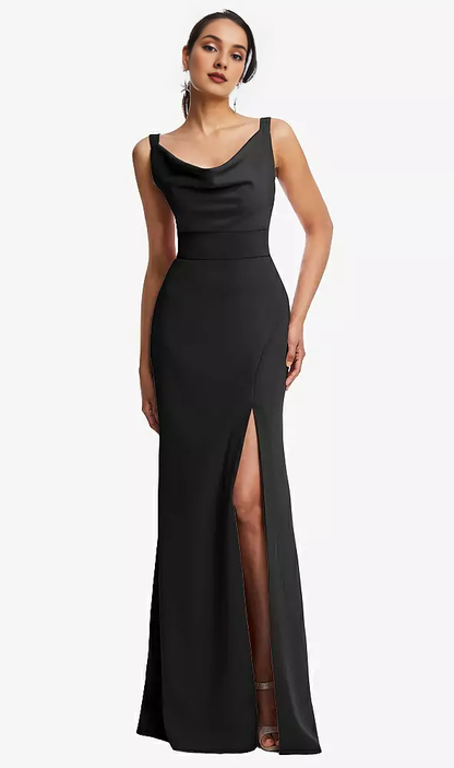 Front slit bucket collar wide shoulder strap crepe horn and floor length Prom dress