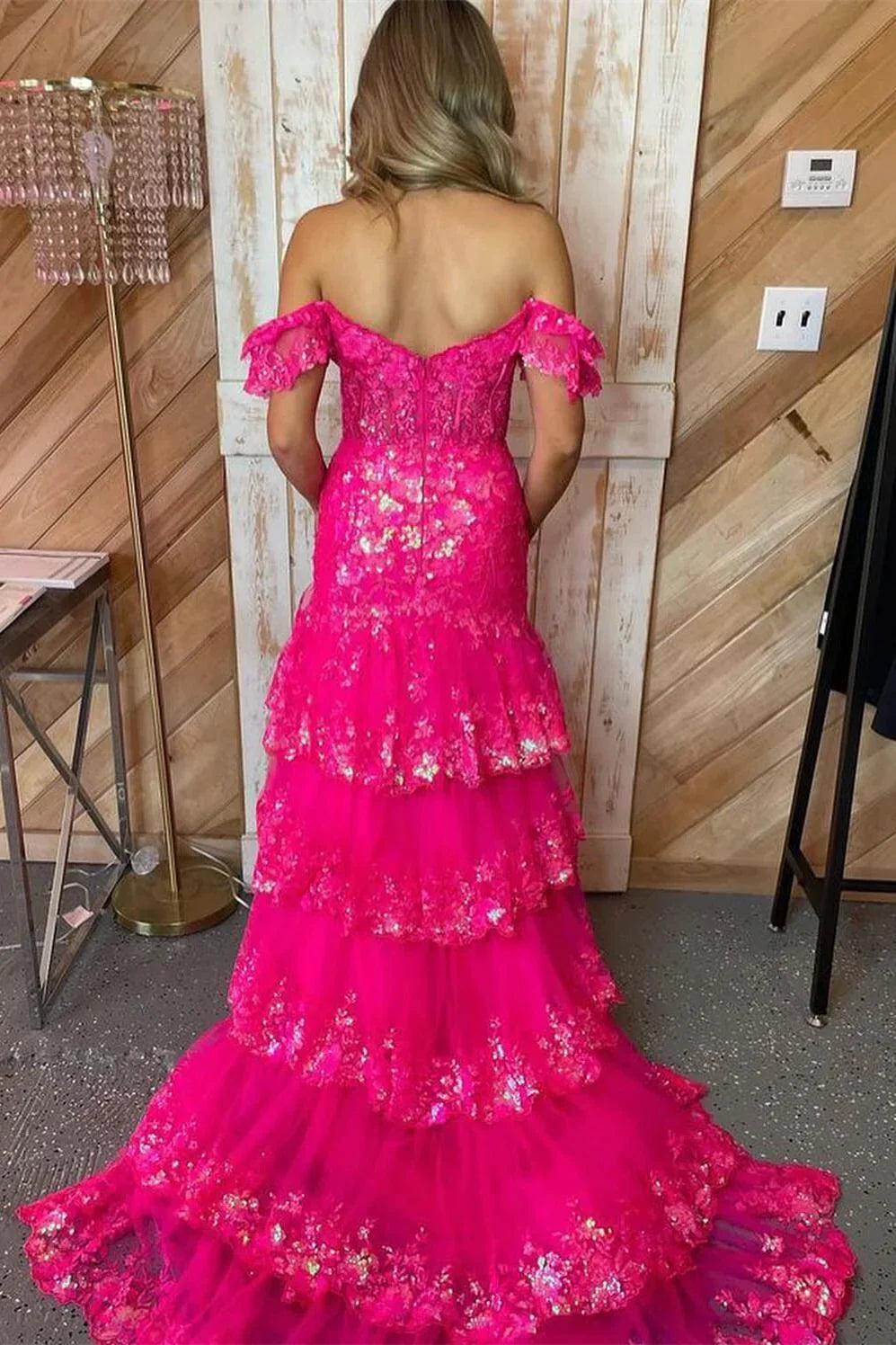 off shoulder red sequin layered mermaid long dress