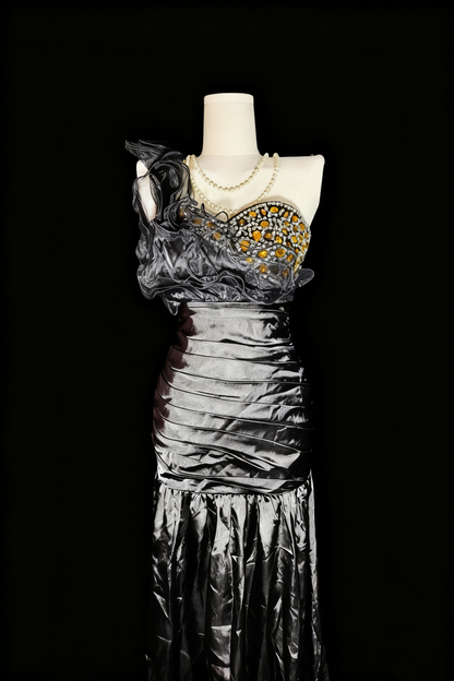 girlhomeshops-Grey Delicate Beaded Long Satin Prom Dress gh6283